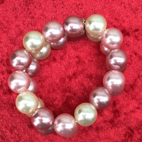Kissaka Pink & Cream Faux Pearl Elastic Stretch Bracelet With Silver-Tone Tag - Picture 3 of 4